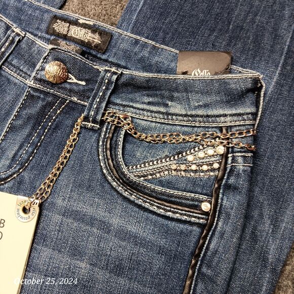 NWT Cello Jeans Women 5 Blue Bootcut Heavy Embellished Stretch Whiskered Pants - Picture 2 of 13